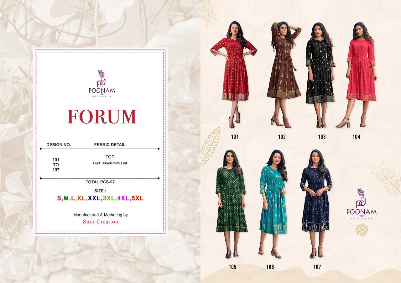 POONAM  DESIGNEE  FORUM Latest Fancy Designer Heavy Ethnic Wear Pure Rayon Foil Print Kurtis Collection